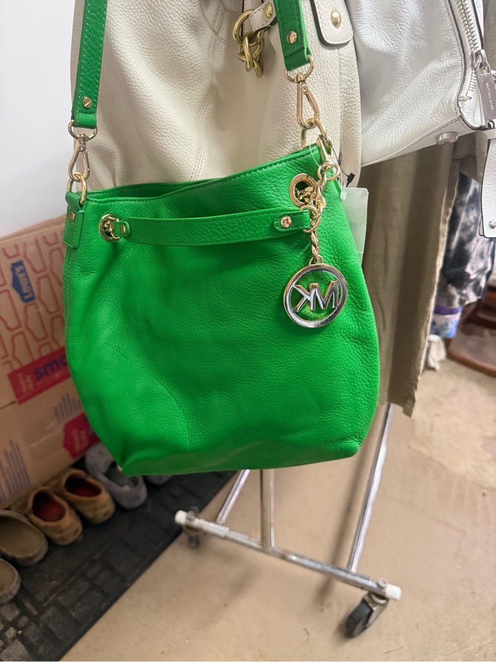 Michael Kors Bright Green Pebbled Leather Shoulder Bag with MK Charm